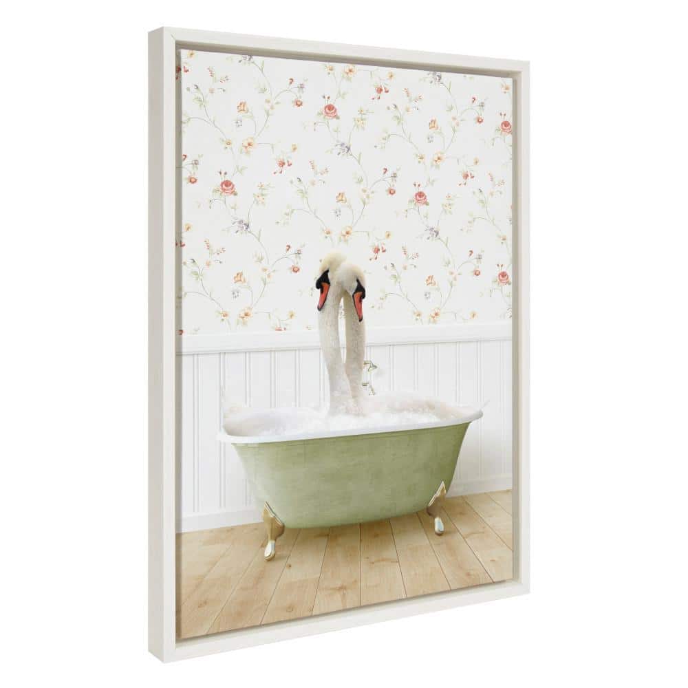 Whimsical Swans in Bathtub Framed Canvas Wall Art, 18x24 White
