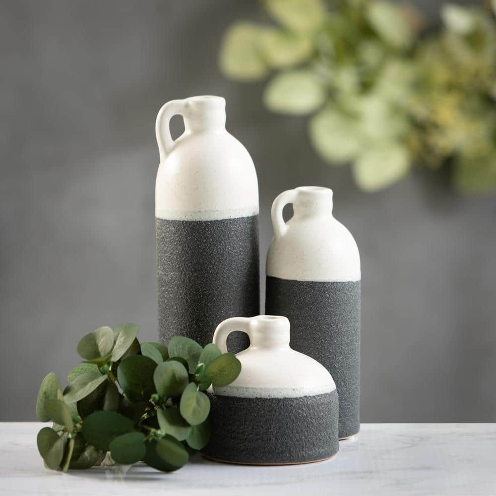 Set of 3 White and Black Textured Ceramic Jug Vases