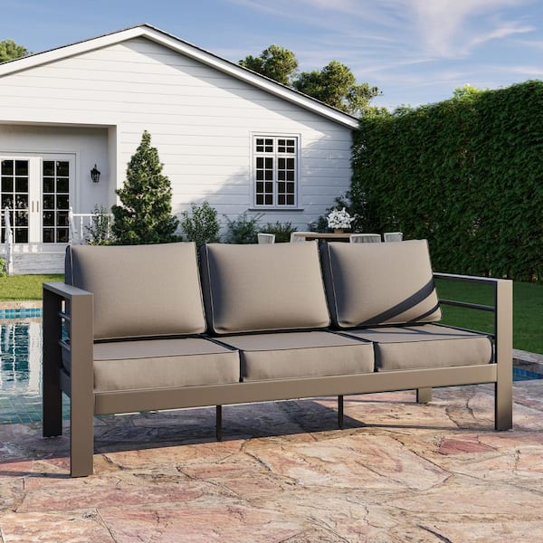 Oversized Dark Gray Aluminum Outdoor Patio 3-Seat Couch with 5 in. Dark Gray Cushions