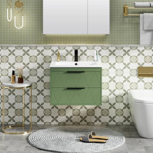 eclife 24 in. W x 18.1 in. D x 18.1 in. H Single Sink Bath Vanity in Green with White Ceramic Top and Drain Faucet Set