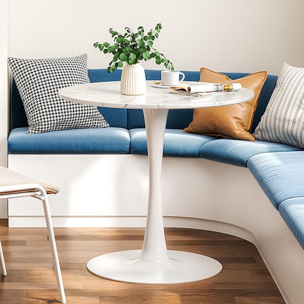 31.5 in. Round White MDF Artificial Marble Veneer Top with Strong Tulip Style Metal Pedestal Base (Sets 2-4)