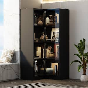 63 in. Tall Black Wood 4-Shelf Corner Bookcase Standard Bookcase with Glass Doors, Variable LED Lights