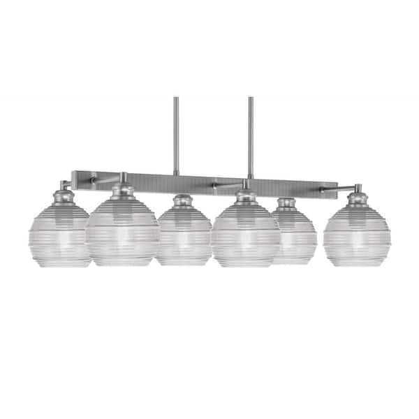 Unbranded Albany 6 Light Brushed Nickel Downlight Chandelier, Linear Chandelier for the Kitchen with Clear Ribbed Glass Shades