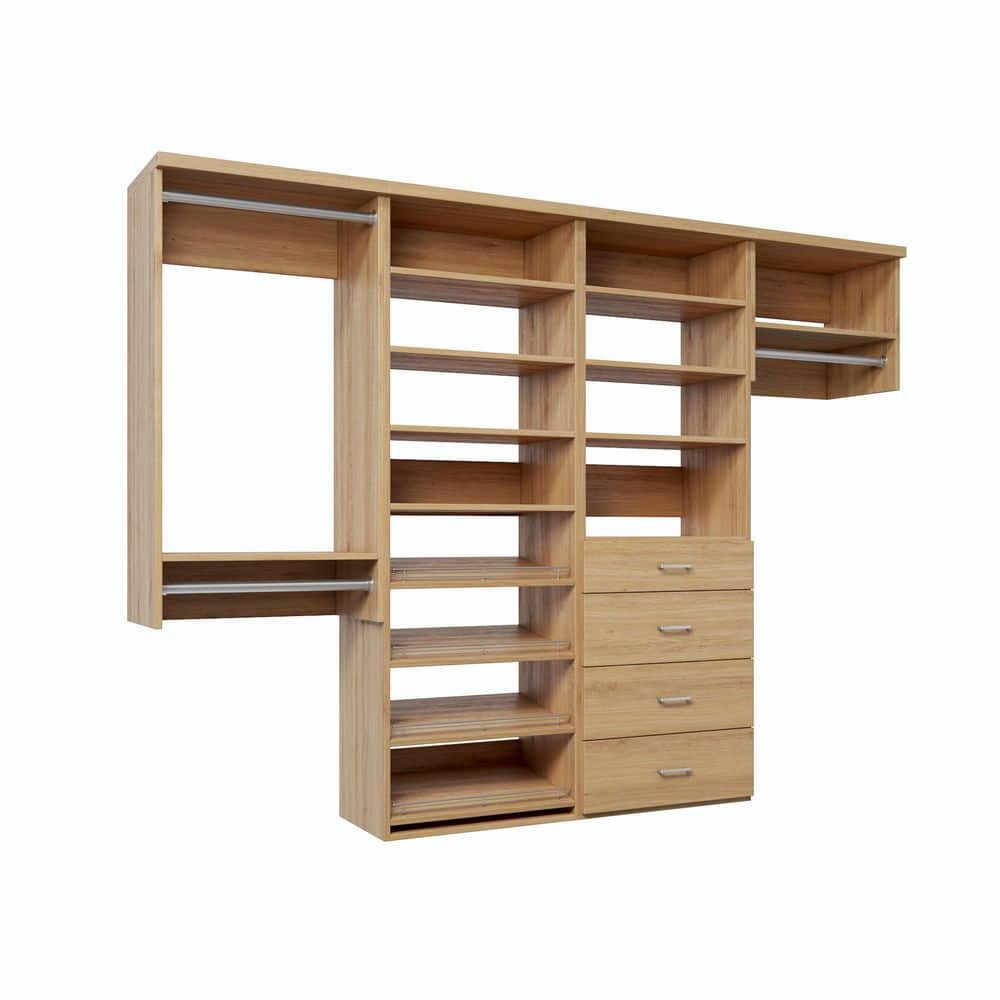 90 in. W Natural Oak Reach-in Wall-Mount 3-Rod 4-Slab-Drawers 4-Shoe-Shelf 9-Shelf Wood Closet System