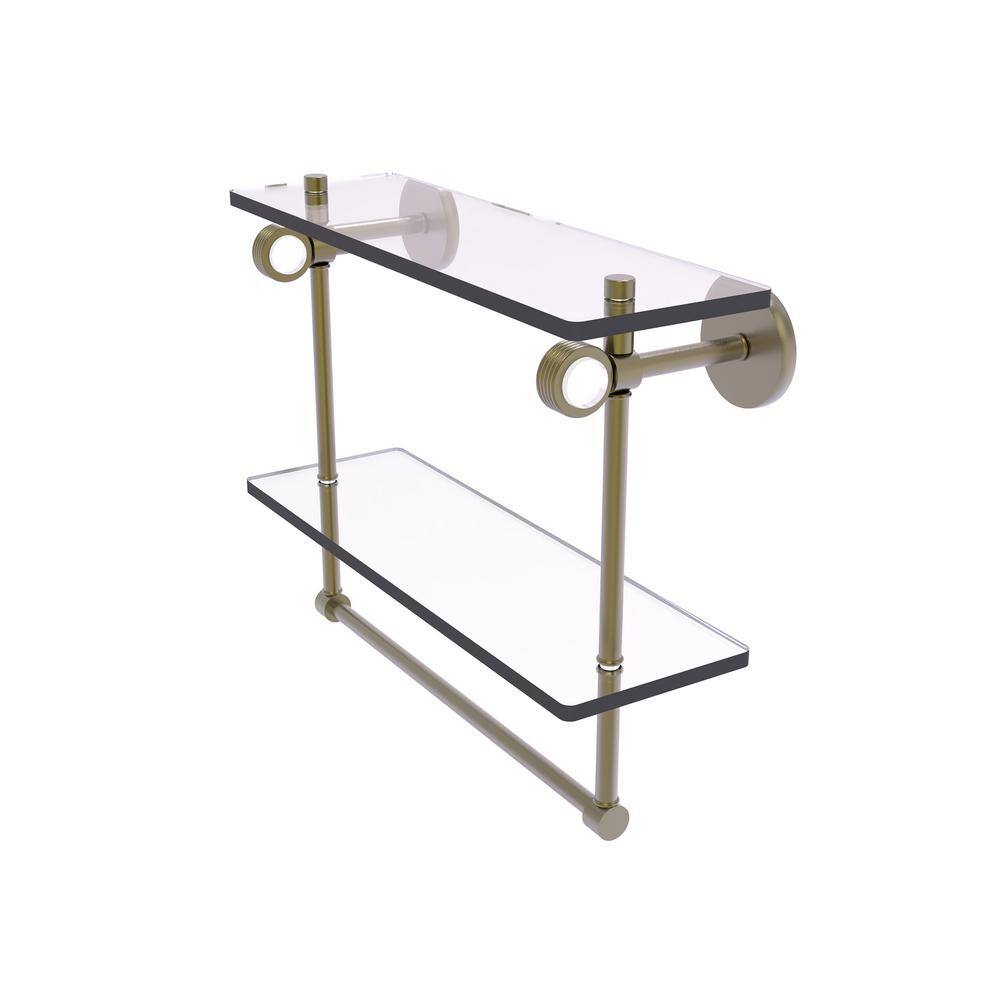 Clearview Collection 16 Inch Double Glass Shelf with Towel Bar and Groovy Accents in Antique Brass price history on PriceWatchPro