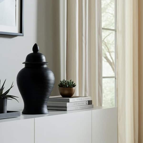 18 in. Black Stoneware Cylinder Ribbed Temple Jar