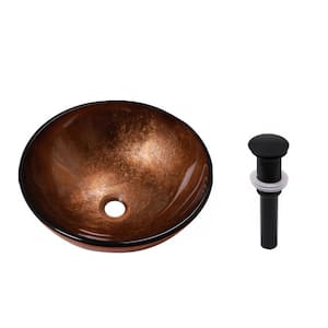 15.55 in. Round Artistic Tempered Glass Vessel Bathroom Sink in Brown with Pop-up Drain