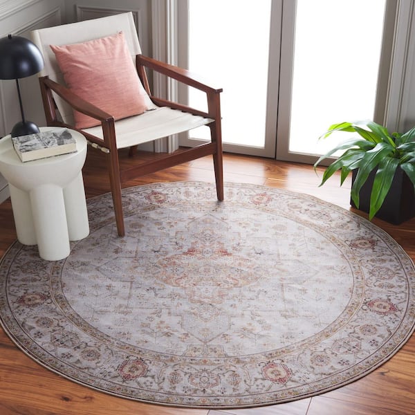 Tucson Light Gray/Rust 5 ft. x 5 ft. Machine Washable Ornate Border Round Area Rug