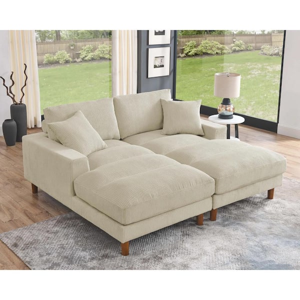 Monland 74 in. Modern Square Arm Polyester Corduroy Upholstery Rectangle Chaise Deep-Seated Oversized 2-Seaters Sofa in Beige