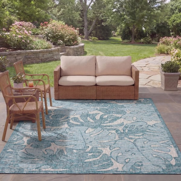 Courtyard Gray/Aqua 8 ft. x 11 ft. Geometric Indoor/Outdoor Patio  Area Rug