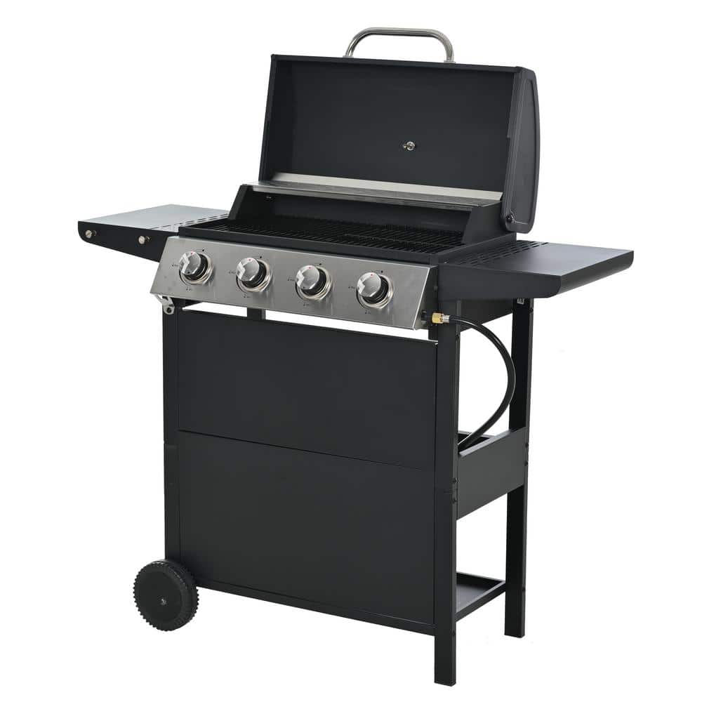 Black Stainless Steel 4-Burner Propane Gas Grill with Side Burner