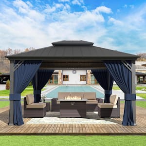 12 ft. x 14 ft. Gray Metal Hardtop Gazebo with Double Roof Pergola, Netting and Curtain Navy Blue