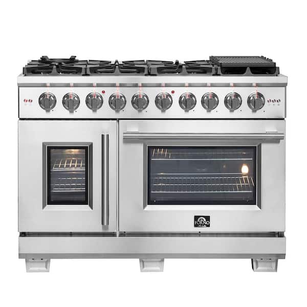 Forno Capriasca 48 in. Freestanding French Door Double Oven Gas Range 8 Burner Stainless Steel
