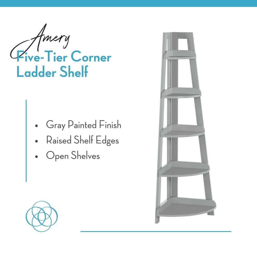 Gray 5-Tier MDF Corner Ladder Bookshelf