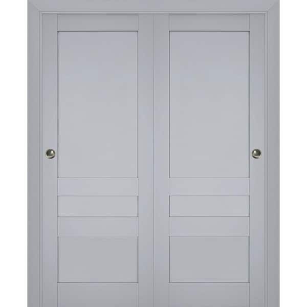 60 in. x 96 in. 2 Panel Matte Grey Finished Solid Wood Sliding Door with Hardware