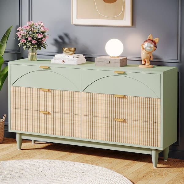 Sealey Mint Green 6-Drawer 55 in. Wide Dresser, Farmhouse Vintage Chest of Drawers with Gold Metal Handle