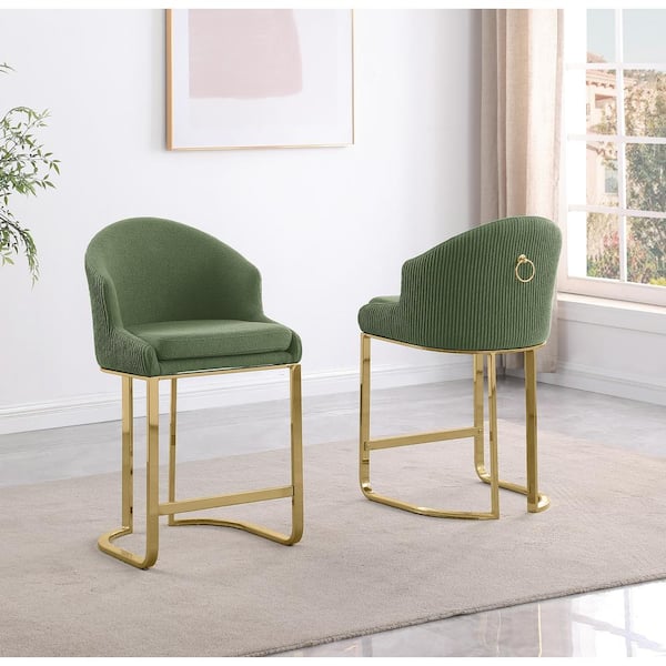 Raul 24 in. Green Low Back Metal Frame Gold Chrome Iron Legs Counter Stool with Teddy Fabric Set of 2