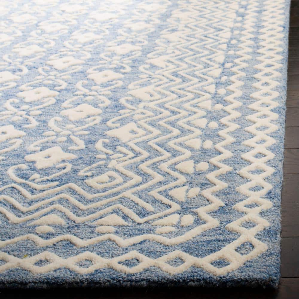 Handmade Blue Floral Tufted Wool Square Area Rug, 6' x 6'