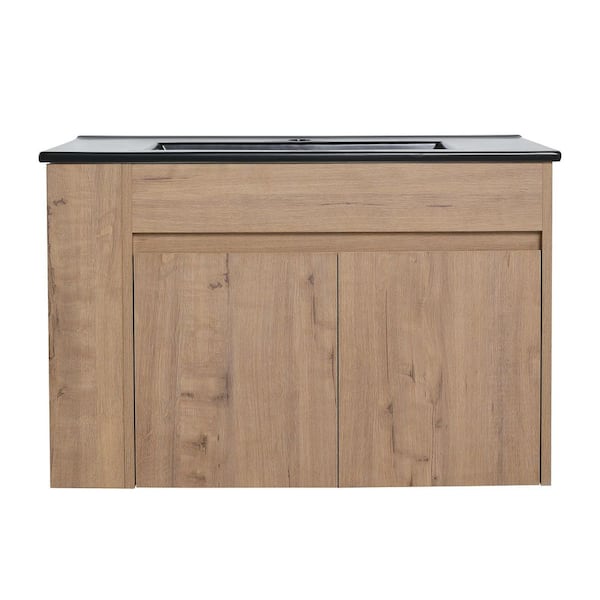JimsMaison 30 in. W x 18 in. D x 20 in. H Floating Bath Vanity in Imitative Oak with Black Cultured Marble Top
