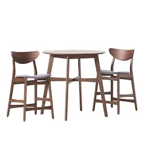 3-Piece Natural Walnut Wood and Dark Gray Fabric Counter Height Dining Set