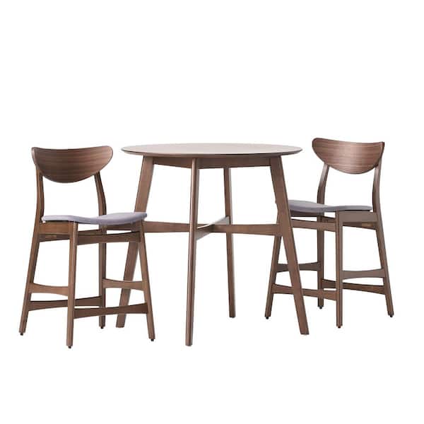 Noble House 3-Piece Natural Walnut Wood and Dark Gray Fabric Counter Height Dining Set