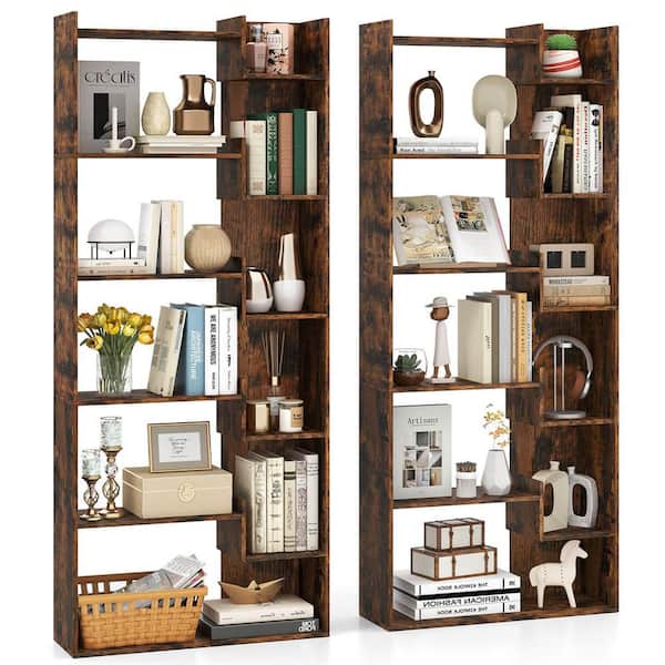 2 PCS 64 in. Tall 6-tier Wood Bookcase Tall Display Shelf with 11 Open Shelves 2 Anti-tipping Kits