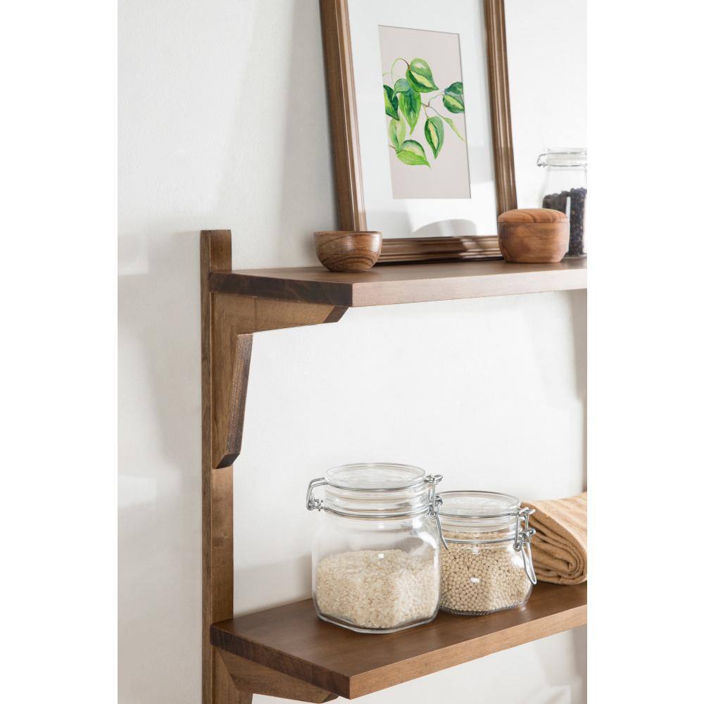 Rustic Brown Poplar Wood Floating Wall Shelf with Two Tiers