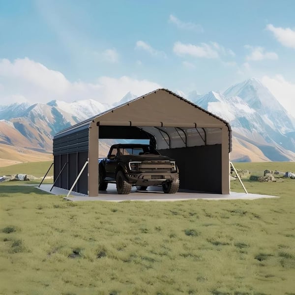 12 ft. W x 20 ft. D Heavy-Duty Enclosed Metal Carport, All-Weather Steel Shelter, 220g Waterproof Tarp, Gable Doors