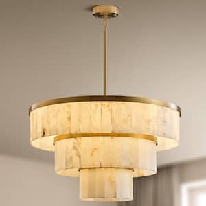 34 in. 16-Light Gold Modern Chandelier, Round Chandelier w/ Alabaster Shade for Dining Room, Living Room, Kitchen Island