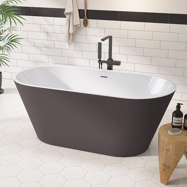 59 in. x 29.5 in. Acrylic Free Standing Soaking Bathtub Flatbottom Freestanding Bathtub Chrome Drain Matte Gray