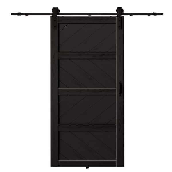 84in x 84in Black, MDF, 4 Panel Paneled Wood Wave，Water-Proof PVC Surface Sliding Barn Door with Hardware Kit