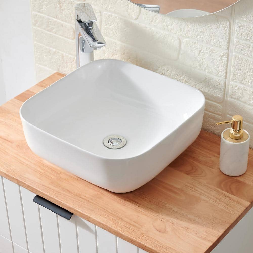 15 in. White Ceramic Vessel Sink With Square Countertop Hand Wash Basin,Easy Clean price history on PriceWatchPro