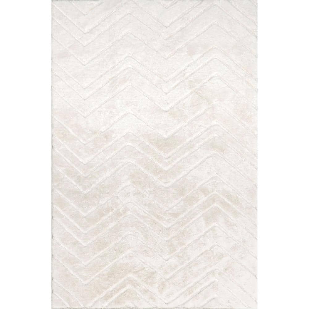 Off-White Chevron Synthetic Runner Rug, Machine Washable, Non-Slip