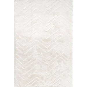 Chevron Faux Rabbit Machine Washable White 2 ft. 6 in. x 8 ft. Contemporary Runner Rug