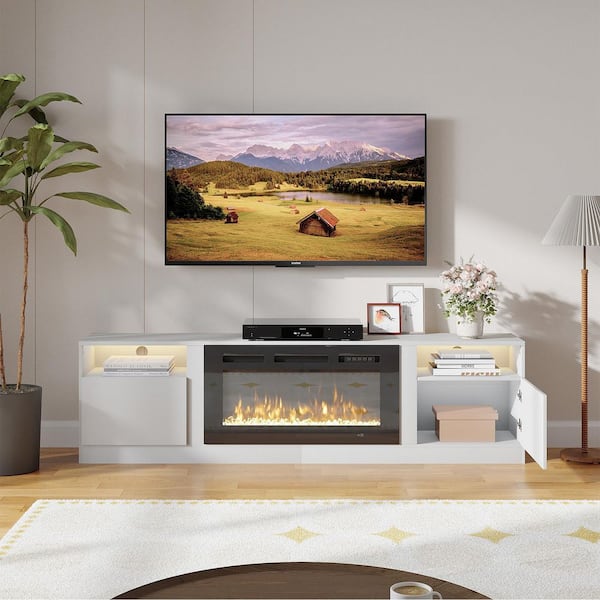 80 in. White High Gloss Modern Freestanding TV Stand with 36 in. Electric Fireplace Insert and LED Flames