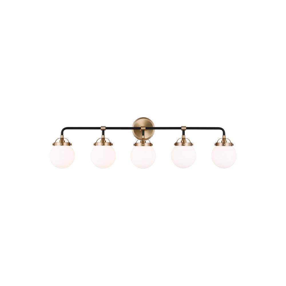 Satin Brass and Black 38.25" 5-Light Vanity Fixture with Etched Glass Shades