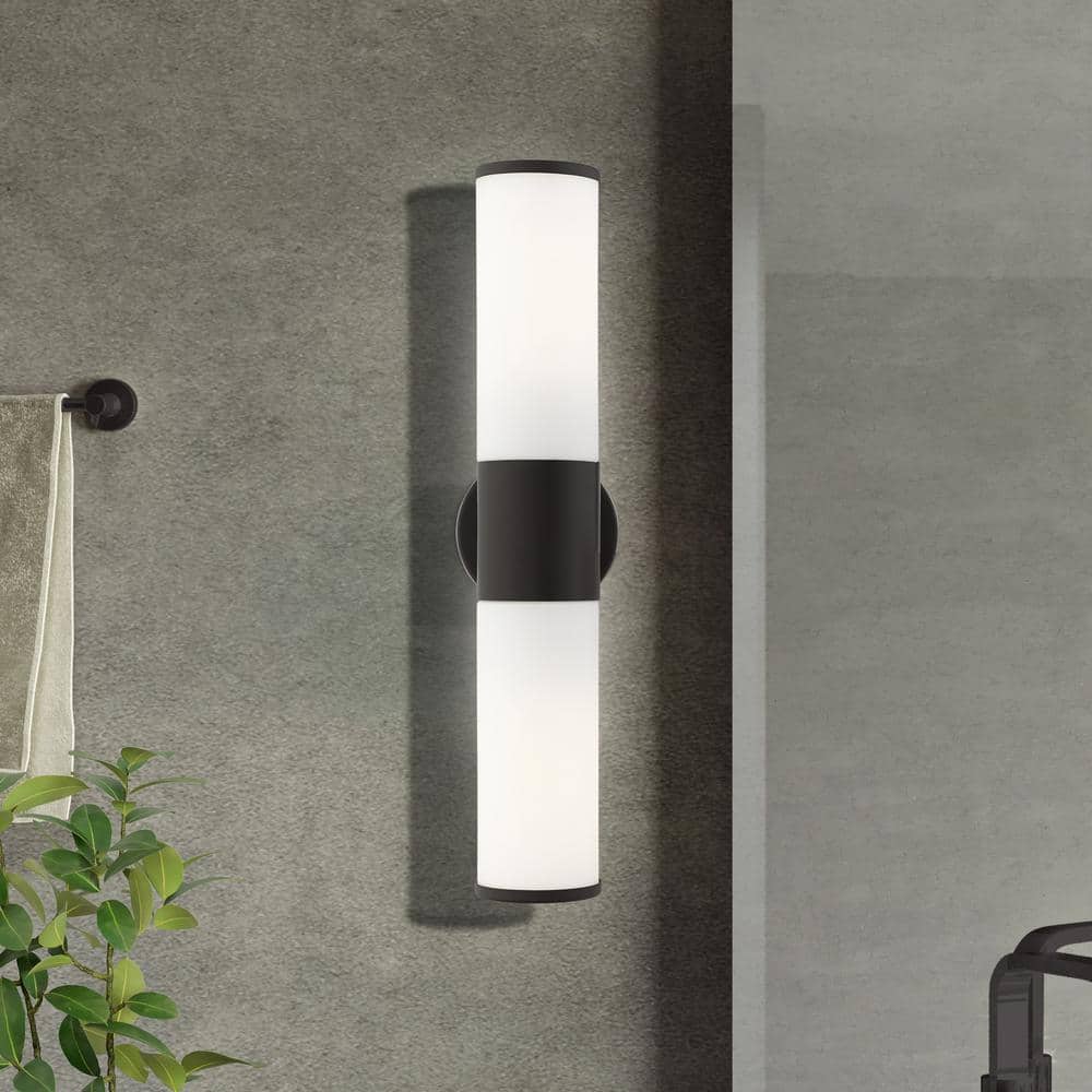 Sleek Urban Black Bronze 2-Light Outdoor Vanity with Satin Opal White Glass