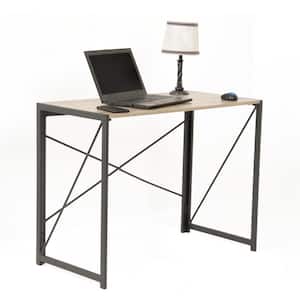 Foldable 39.5 in. Rectangular Sewn Oak Laminate with Black Metal Base Writing Desk assembled with no tools