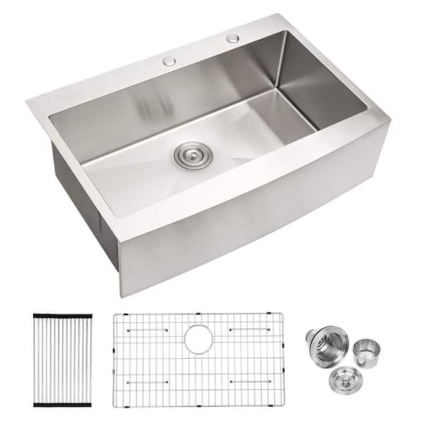 Logmey 16-Gauge Stainless Steel 33 in. Single Bowl Farmhouse Apron Drop-In Kitchen Sink with Bottom Grid