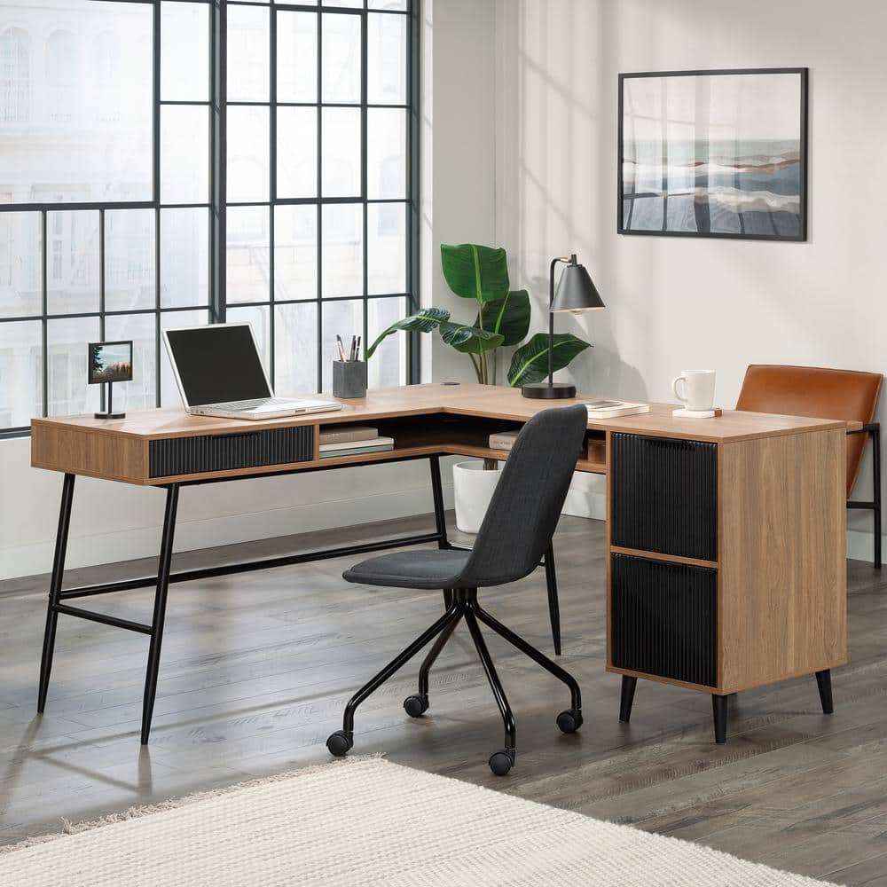 Serene Walnut L-Shaped Corner Desk with Black Drawers and Filing Cabinet