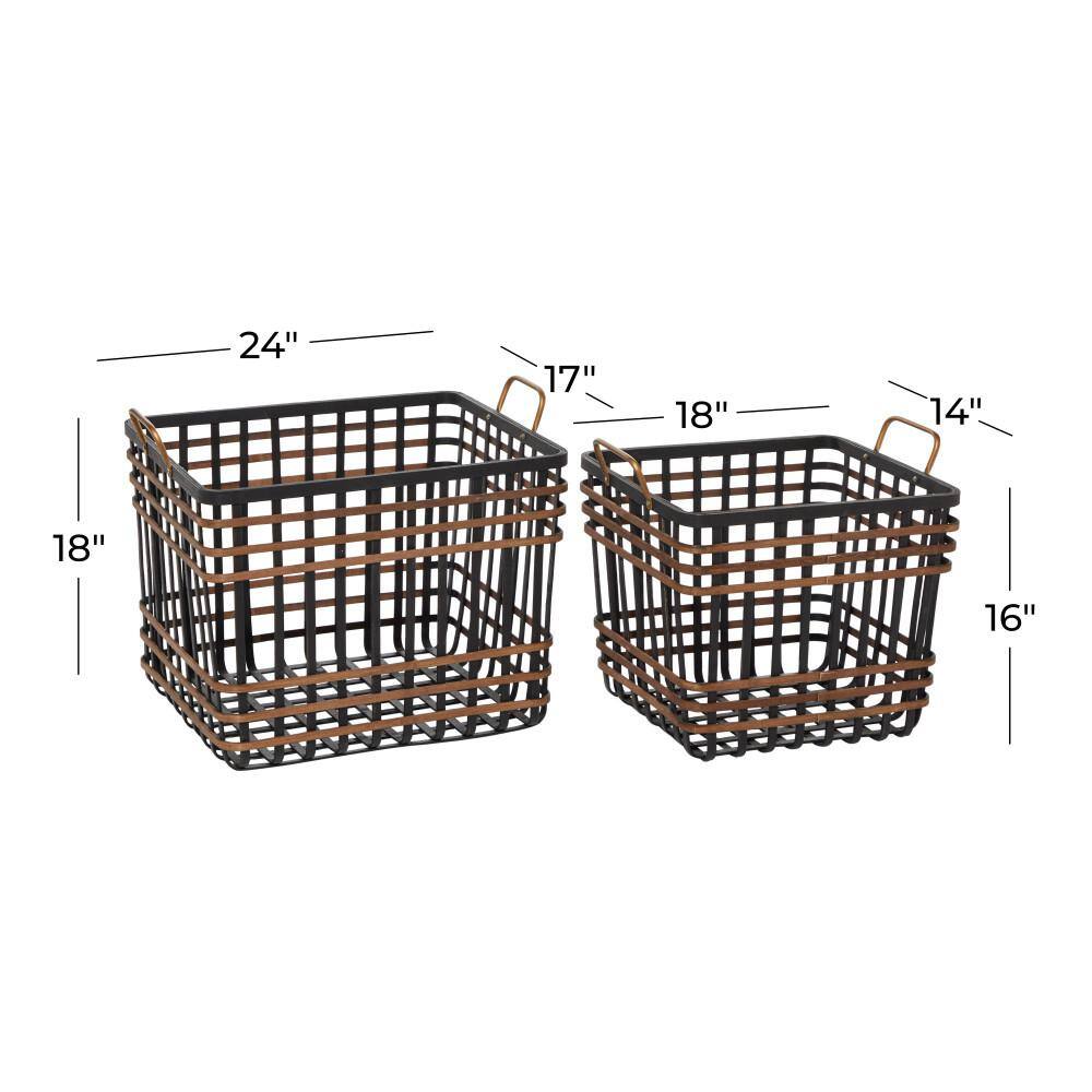 Black and Brown Seagrass Rectangular Storage Baskets with Handles, Set of 2
