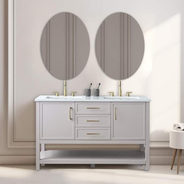 SUDIO Arlo 54 in. W x 22 in. D x 34 in. H Bath Vanity in Taupe with Engineered Stone Top in Ariston White with White Sinks