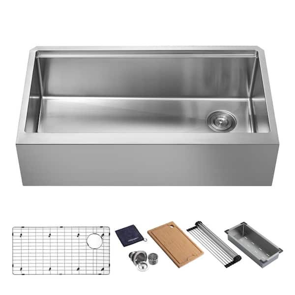 JASSFERRY 16-Gauge Stainless Steel 36 in. Single Bowl Tight Radius Farmhouse Apron Workstation Kitchen Sink with Bottom Grid