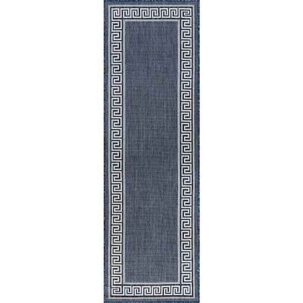 Tayse Rugs Eco Greek Key Navy 2 ft. x 8 ft. Indoor/Outdoor Runner Rug