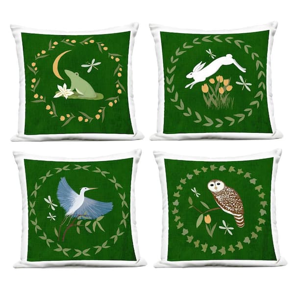 Animals with Circular Wreaths Green Square Outdoor Throw Pillow (4-Pack)