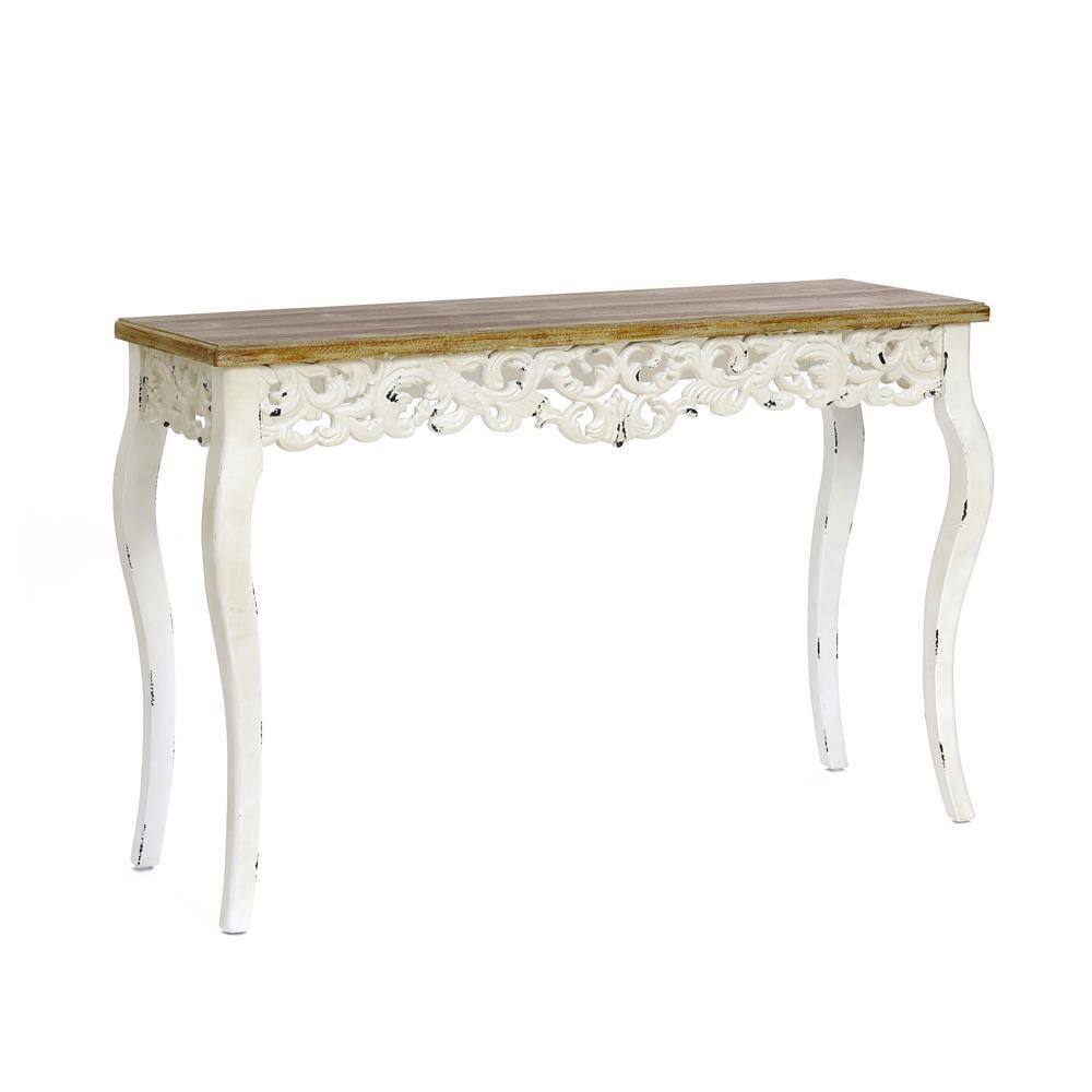 Victorian Off-White and Natural Wood Console Table with Storage