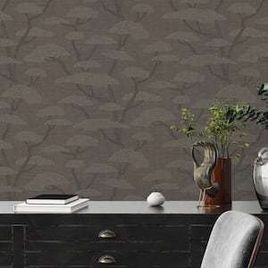 Fusion Collection Chinoiserie Tree Motif Charcoal Matte Finish Non-Pasted Vinyl Non-Woven Wallpaper Roll