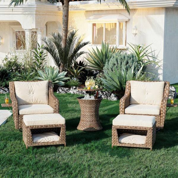 5-Piece Wicker Patio Conversation Sectional Seating Set with CushionGuard Beige-1 Cushions