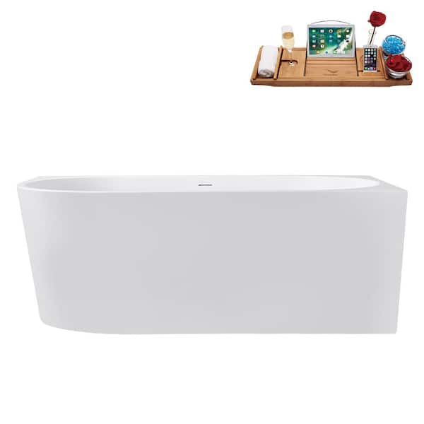 Streamline 67 in. x 32 in. Acrylic Freestanding Soaking Bathtub in Glossy White with Matte Oil Rubbed Bronze Drain, Bamboo Tray