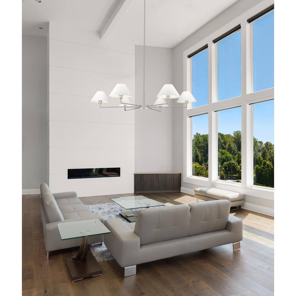Leila Brushed Nickel 6-Light Chandelier with White Linen Shades